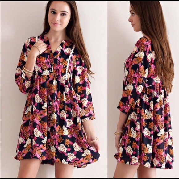 Entro Floral Babydoll Dress Boho Tunic Size Medium - Picture 2 of 2
